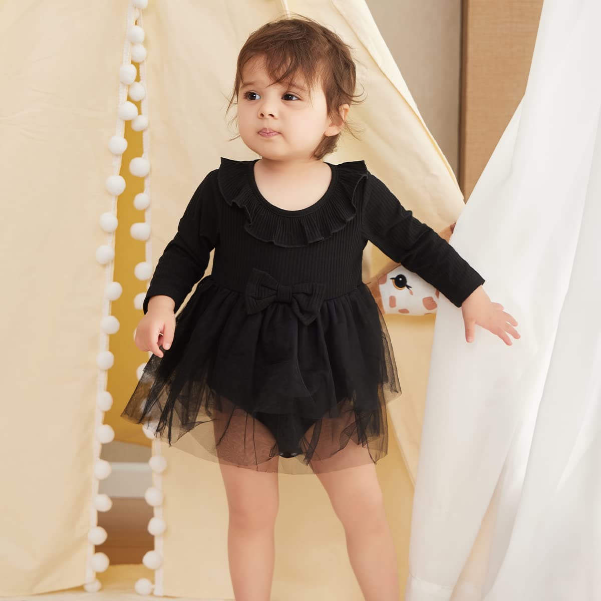 OPAWO Newborn Baby Girl Bodysuit Dress Long Sleeve Ribbed Romper Onesie with Tulle Skirt Infant Baby Girl Dresses 0-18 Months(Black,0-3 Months)