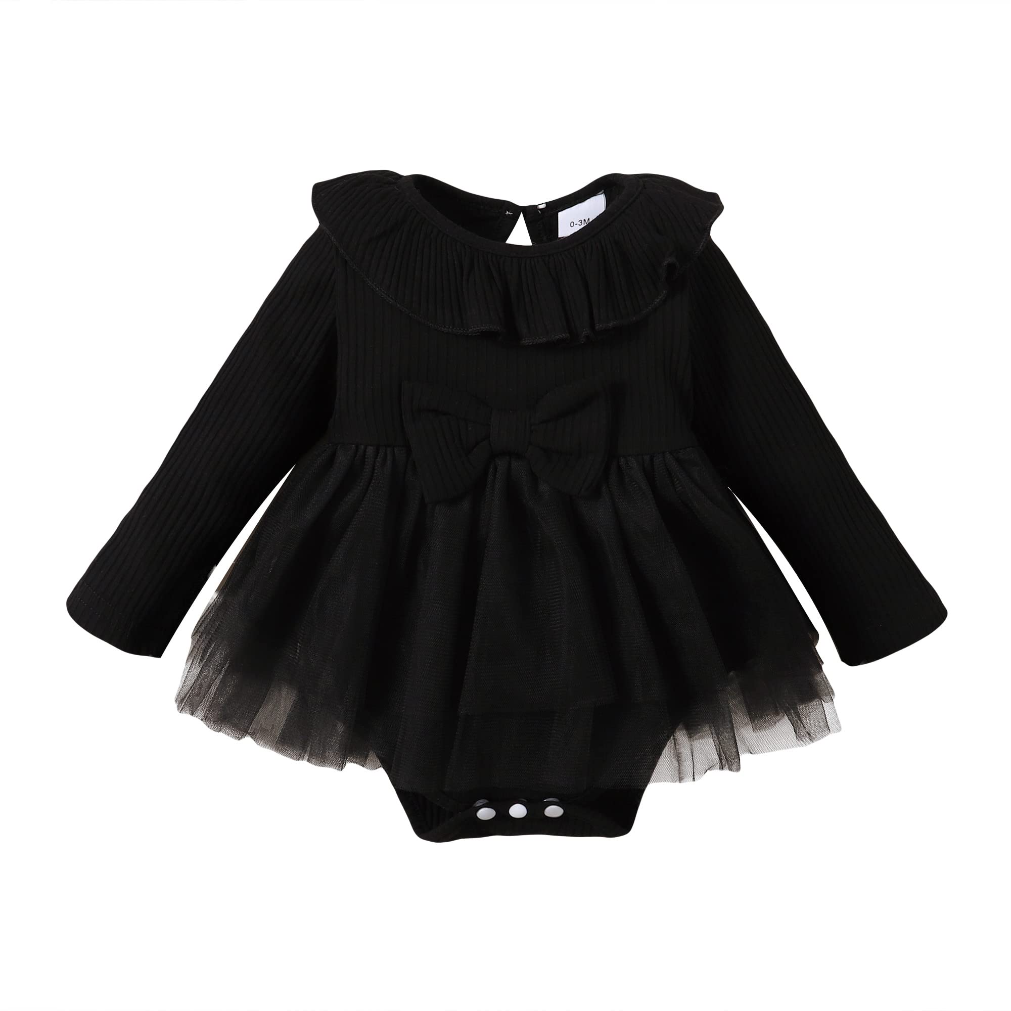 OPAWO Newborn Baby Girl Bodysuit Dress Long Sleeve Ribbed Romper Onesie with Tulle Skirt Infant Baby Girl Dresses 0-18 Months(Black,0-3 Months)