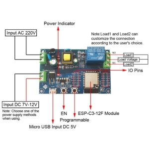 ESP32-C3 Single-Channel Wireless Fidelity Relay Switch Development Board ESP-C3-12F Remote Switch Control Module Supporting AC 90V-250V & DC 7V-12V Power Supply 4M Byte Flash