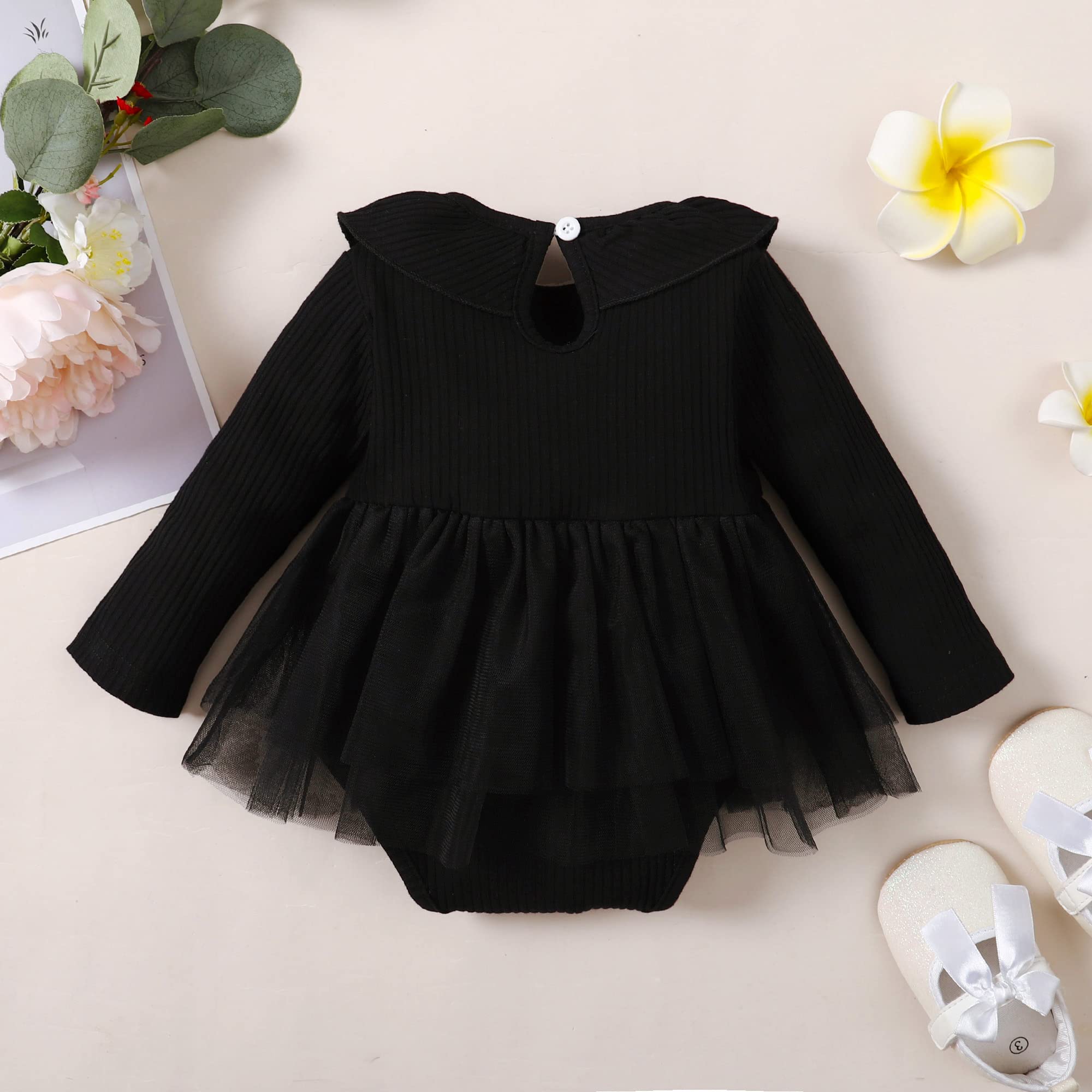 OPAWO Newborn Baby Girl Bodysuit Dress Long Sleeve Ribbed Romper Onesie with Tulle Skirt Infant Baby Girl Dresses 0-18 Months(Black,0-3 Months)