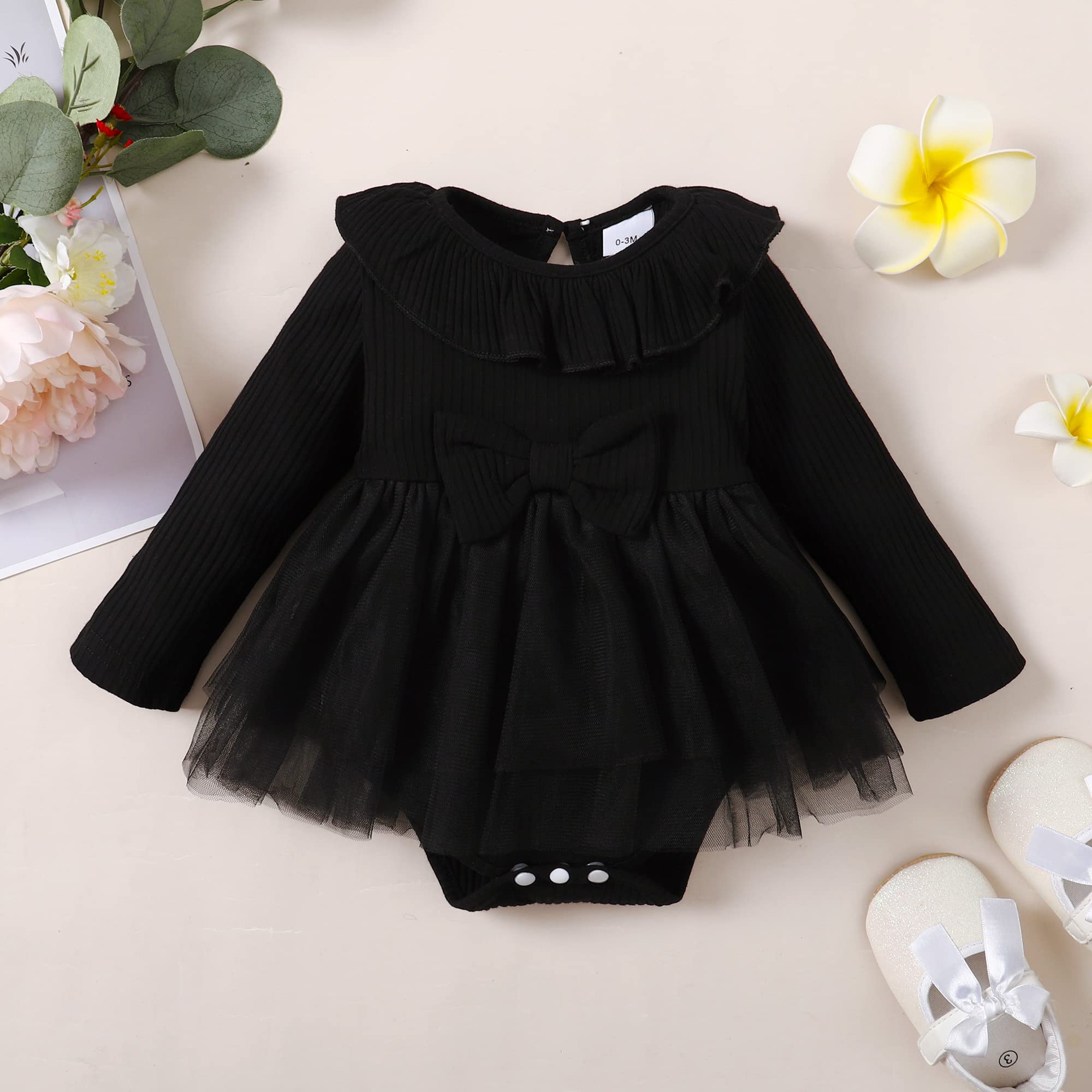 OPAWO Newborn Baby Girl Bodysuit Dress Long Sleeve Ribbed Romper Onesie with Tulle Skirt Infant Baby Girl Dresses 0-18 Months(Black,0-3 Months)