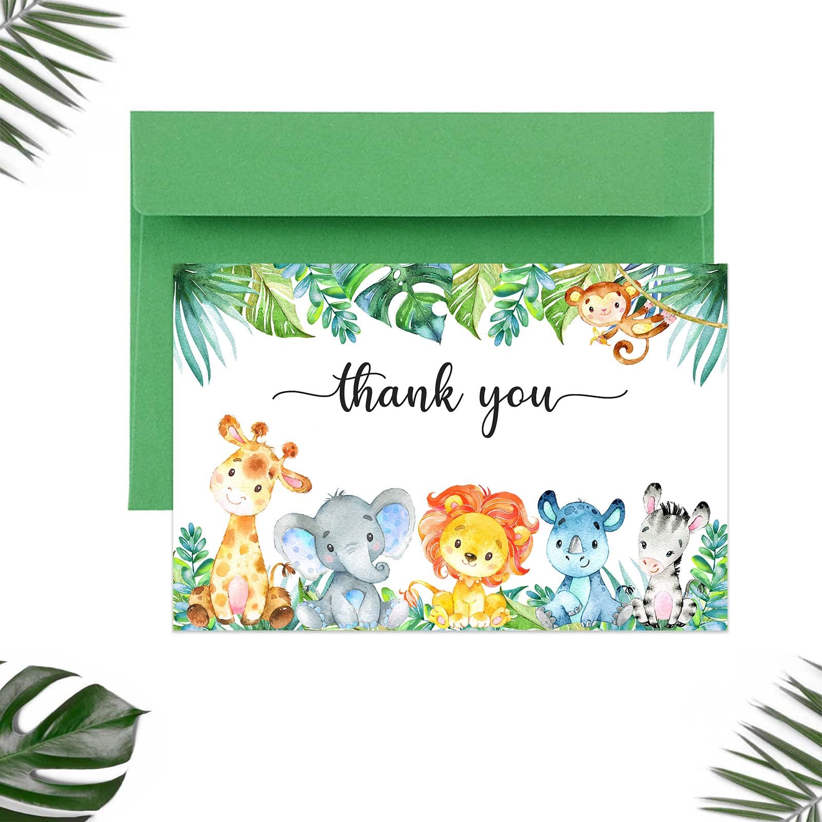 Buerhanerry 50 Safari Animals Thank you Cards, Jungle Animals Thank You Notes, 4x6 Safari Thank you Cards for Baby Shower, Wild One, Birhtday Party