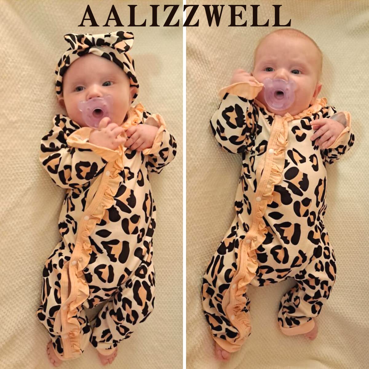 Aalizzwell Preemie Baby Girls Cheetah Romper Infant Fall Winter Clothes Premature Coming Home Outfit Leopard Clothing