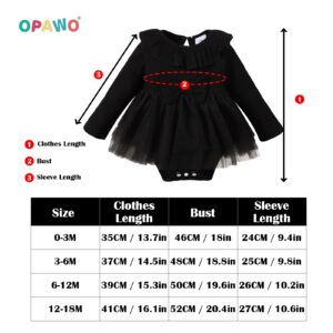 OPAWO Newborn Baby Girl Bodysuit Dress Long Sleeve Ribbed Romper Onesie with Tulle Skirt Infant Baby Girl Dresses 0-18 Months(Black,0-3 Months)