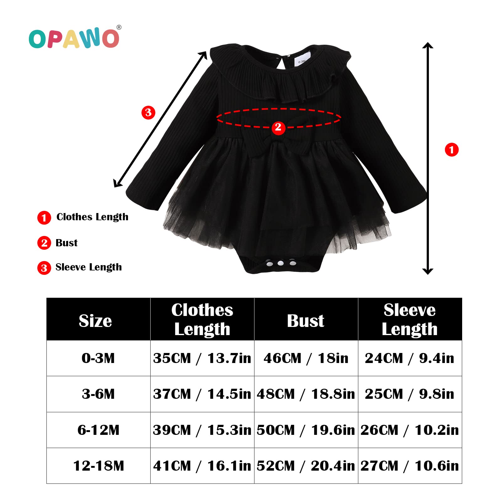 OPAWO Newborn Baby Girl Bodysuit Dress Long Sleeve Ribbed Romper Onesie with Tulle Skirt Infant Baby Girl Dresses 0-18 Months(Black,0-3 Months)