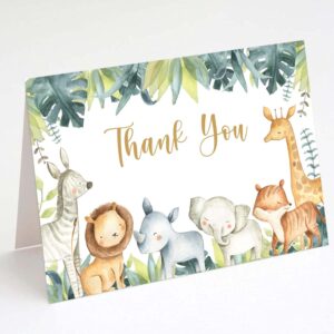 Buerhanerry 50 Safari Thank You Cards, 4x6 Jungle Animals Baby Shower Thank You Cards, Safari Themed Birthday Thank You Notes