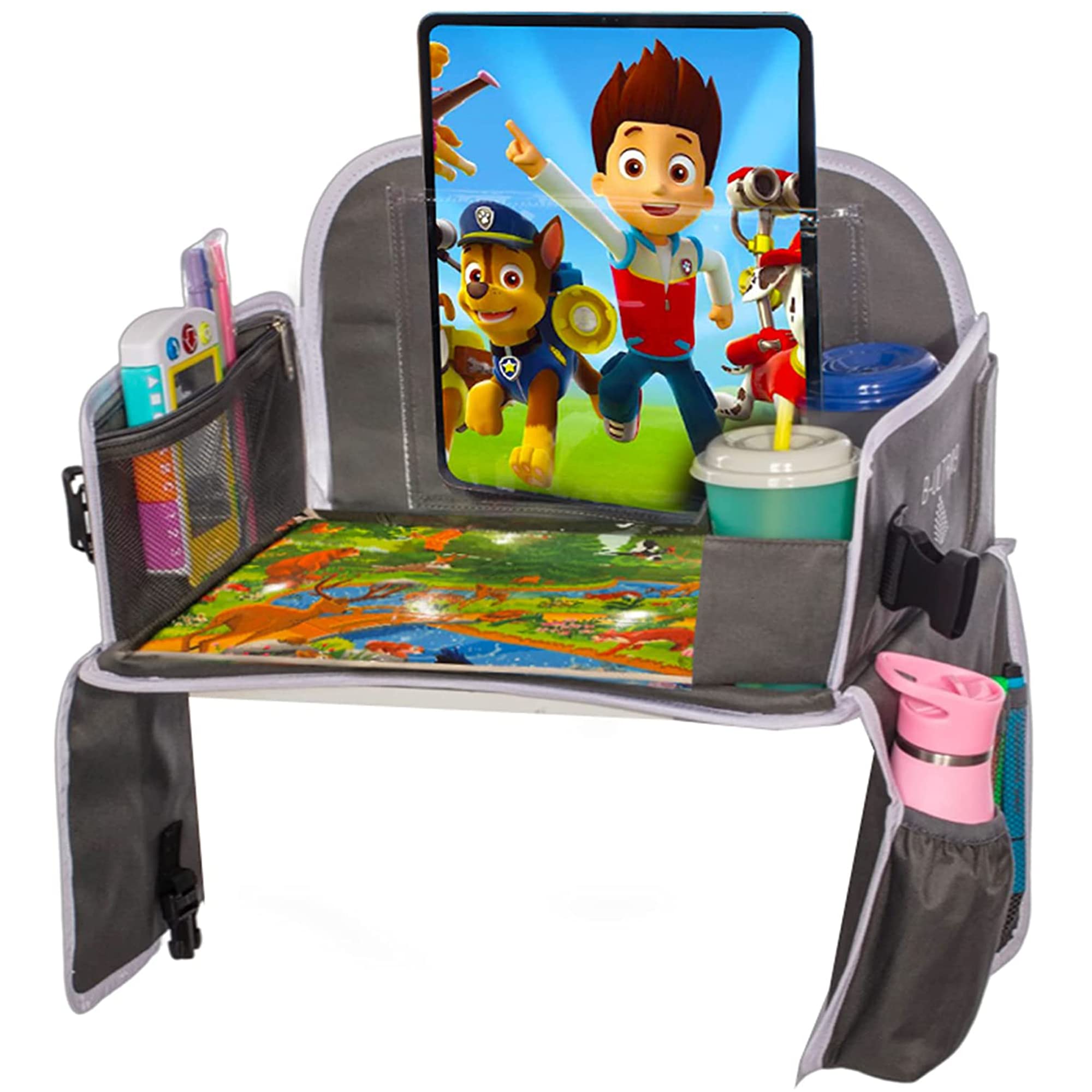 Kids Travel Tray with Dry Erase Board, Road Trip Essentials Kids, No-Drop Tablet Holder, Lap Desk, Cup Holder, Toddler Toy Storage, Fits Airplane and Booster Seat (Grey/Animals)