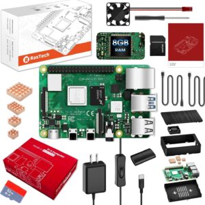 RasTech Raspberry Pi 4 8GB Starter Kit with Pi4 8GB Board,with 32GB Card 4 Copper Heatsink 2 Micro HD Out Cable 5V 3A Power Supply with ON/Off Case Cooling Fan Card Readers Screwdriver