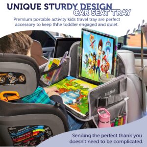 Kids Travel Tray with Dry Erase Board, Road Trip Essentials Kids, No-Drop Tablet Holder, Lap Desk, Cup Holder, Toddler Toy Storage, Fits Airplane and Booster Seat (Grey/Animals)