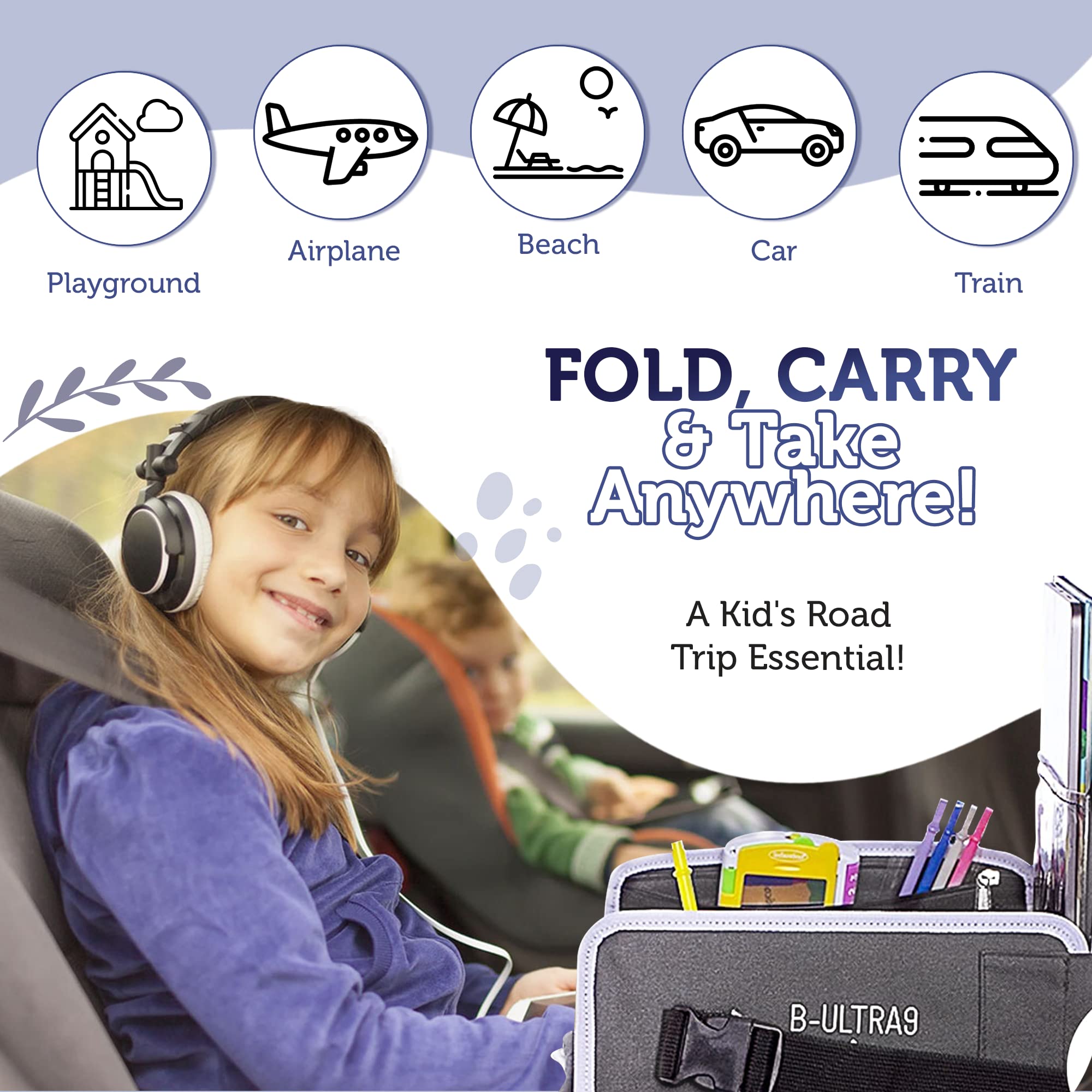 Kids Travel Tray with Dry Erase Board, Road Trip Essentials Kids, No-Drop Tablet Holder, Lap Desk, Cup Holder, Toddler Toy Storage, Fits Airplane and Booster Seat (Grey/Animals)