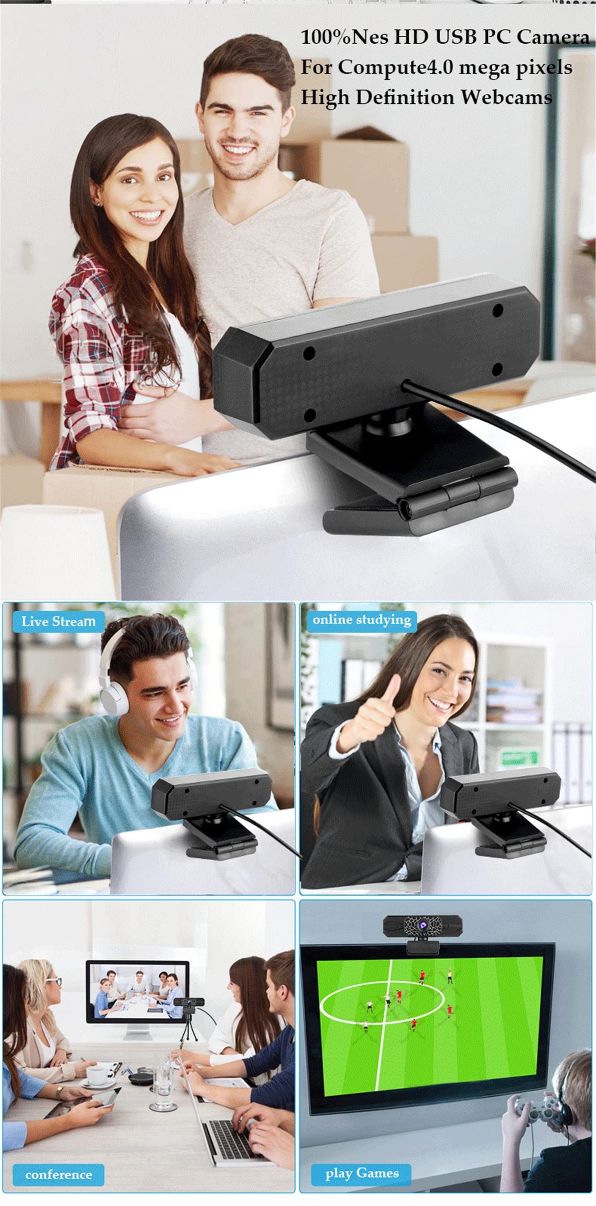 SYVI Webcam, Webcam with Microphone,Full 480P HD Video Webcam, Support 3D Denoising and Automatic Gain,USB Computer Webcam,for Video Calls Online Classroom,Black