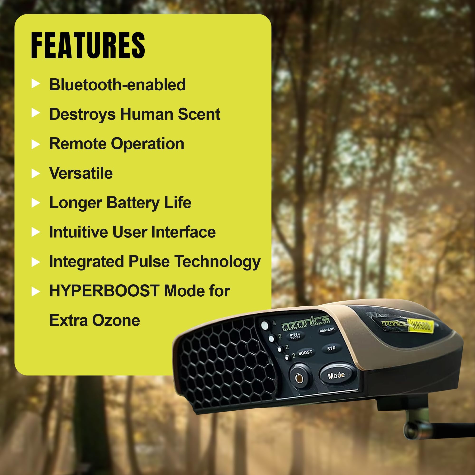 Ozonics HR500 Scent Eliminator with New Hyperboost Mode | Hunting Ozone Generator with 4 Modes of Operation, Odor Eliminator with Bluetooth Connectivity - XL Battery & Smart Arm Mount Included