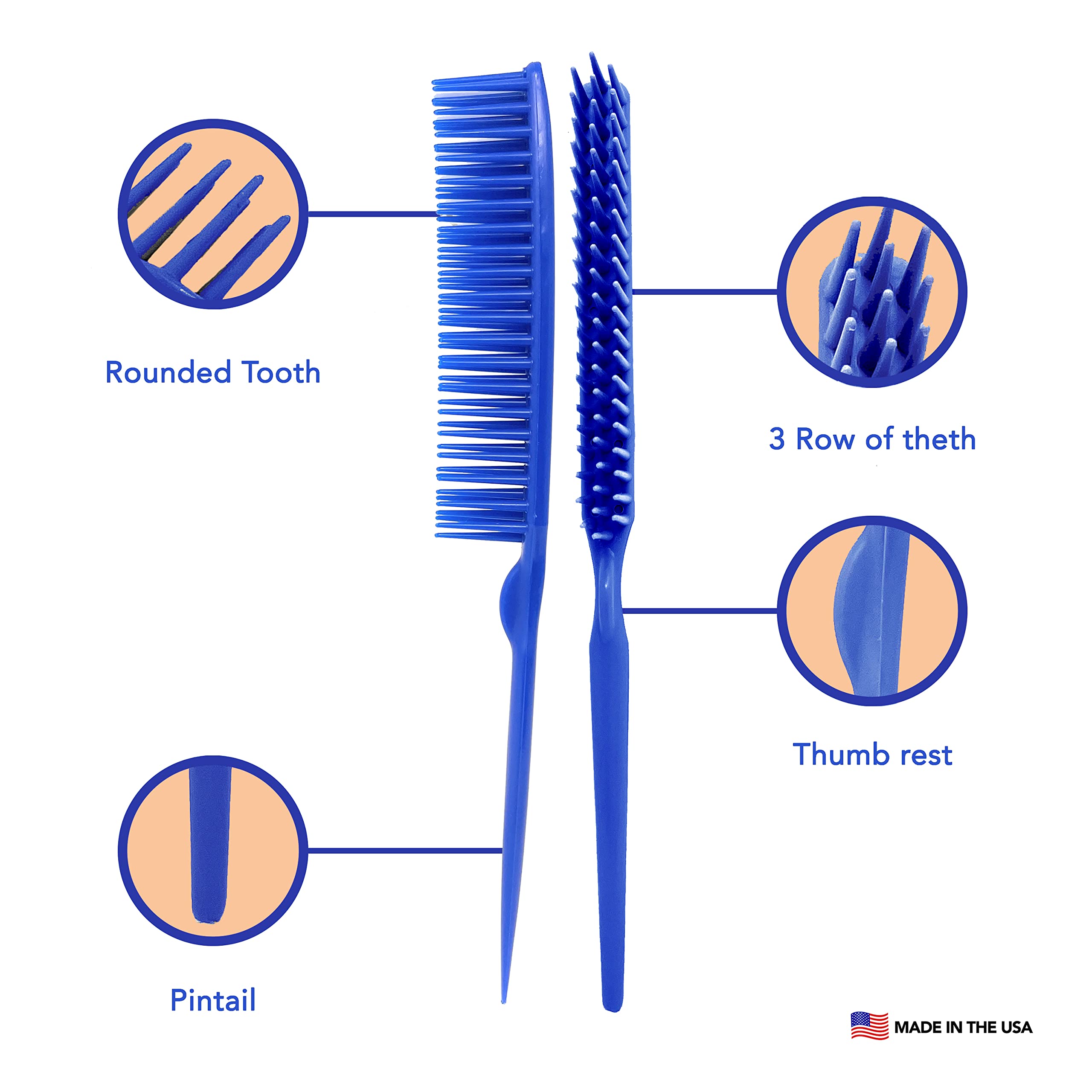 Allegro Combs 60 Parting Three Row Combs Salon Hairstylist Hairdresser Detangle Combs For Natural Hair And Wigs For Curly Hair Made In The Usa 2 Pcs. (Royal Blue)