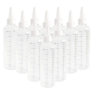 nanshine 10pcs 250ml(8.45oz) plastic bottle pointed mouth top cap transparent dispensing bottle squeeze bottle with graduated measurement for arts crafts,liquids,inks,oils,shampoo,lotion