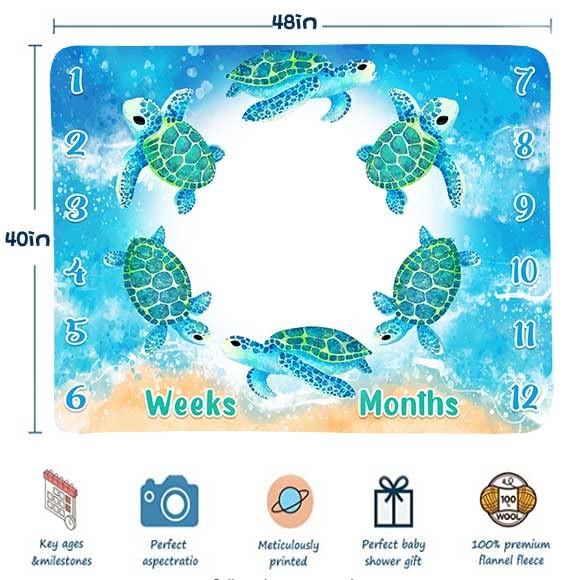 FHZON Turtle Milestone Blanket Blue Sea Life Baby Blanket Beach Newborn Gift with Week Months Swaddling Bag 48x40in BTLSFH127