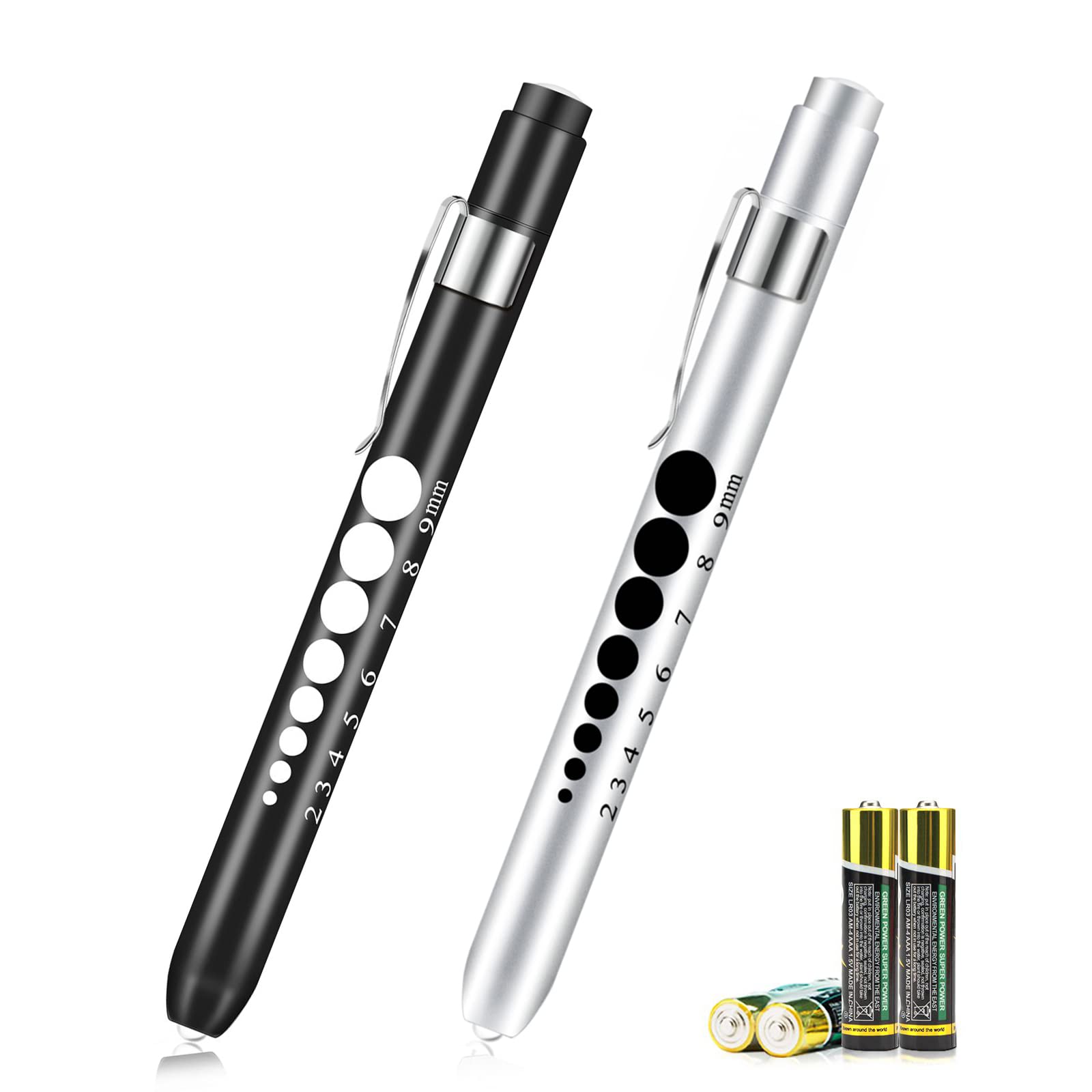 Opoway Nurse Penlight with Pupil Gauge Medical Pen Light for Nurses Doctors with Batteries Included 2ct. Black and Silver