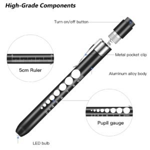 Opoway Nurse Penlight with Pupil Gauge Medical Pen Light for Nurses Doctors with Batteries Included 2ct. Black and Silver