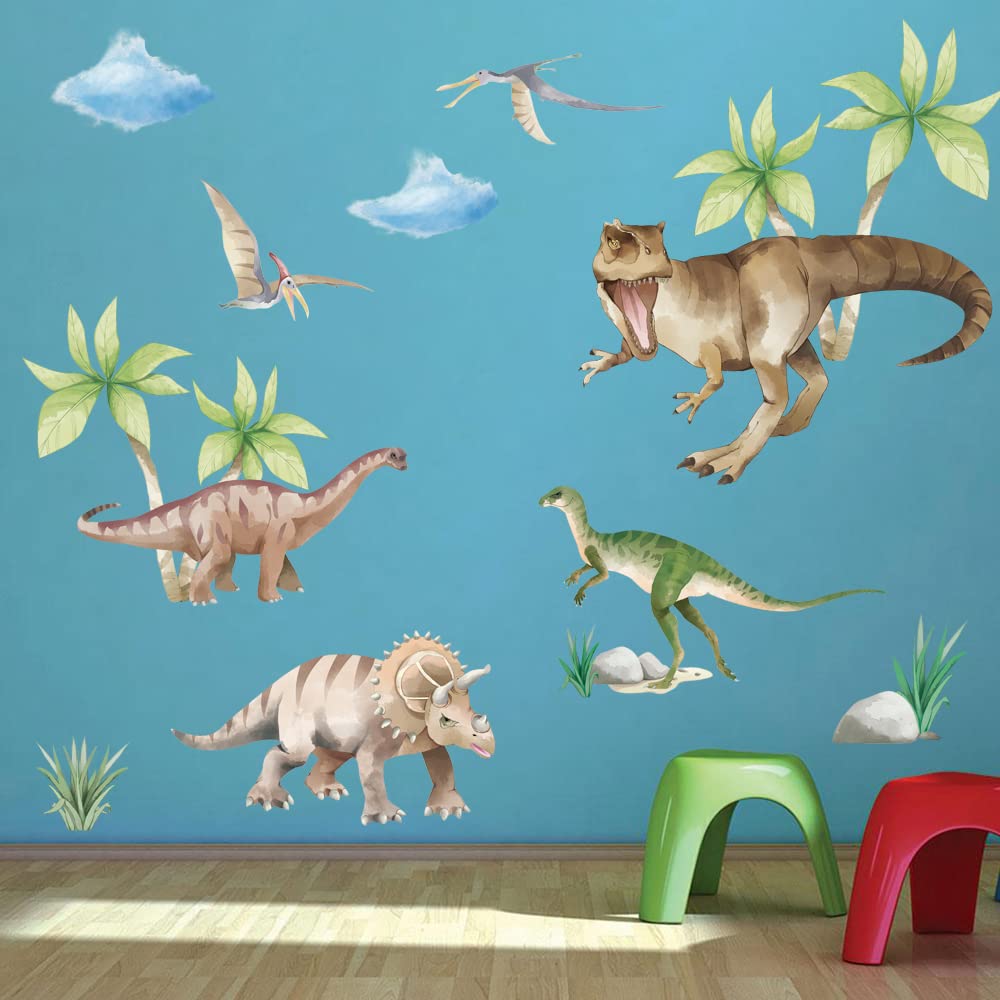 Runtoo Large Dinosaur Wall Decals for Boys Tropical Dino Wall Stickers Kids Bedroom Baby Nursery Wall Decor