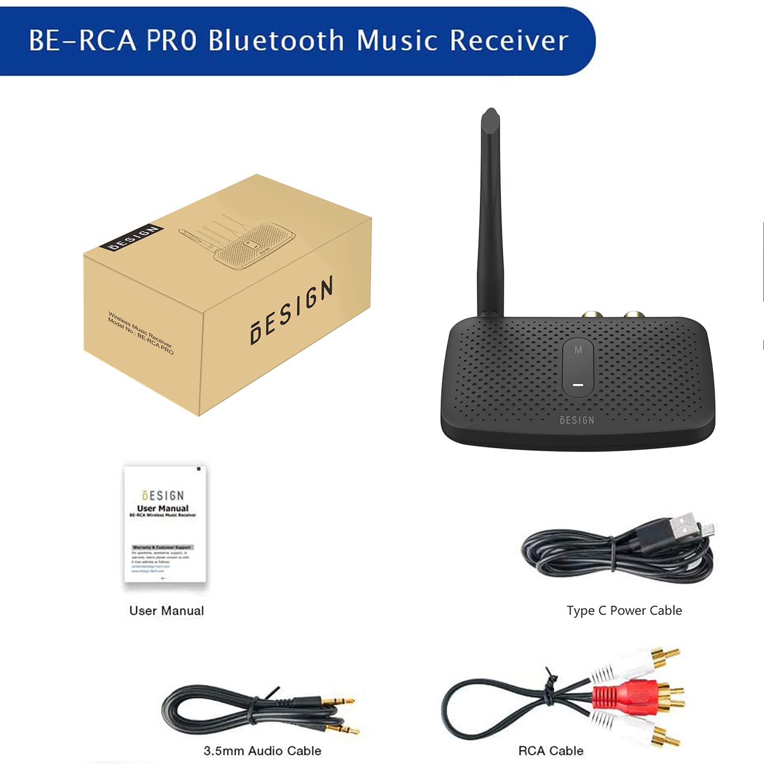 Besign BE-RCA Pro Long Range Bluetooth Adapter for Bluetooth Music Streaming, Black