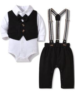 aalizzwell baby boys gentleman outfit, infant vest suspender pants 3 piece formal suit set 3-6 months fall winter black