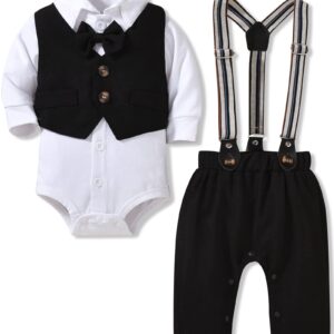 Aalizzwell Baby Boys Gentleman Outfit, Infant Vest Suspender Pants 3 Piece Formal Suit Set 3-6 Months Fall Winter Black