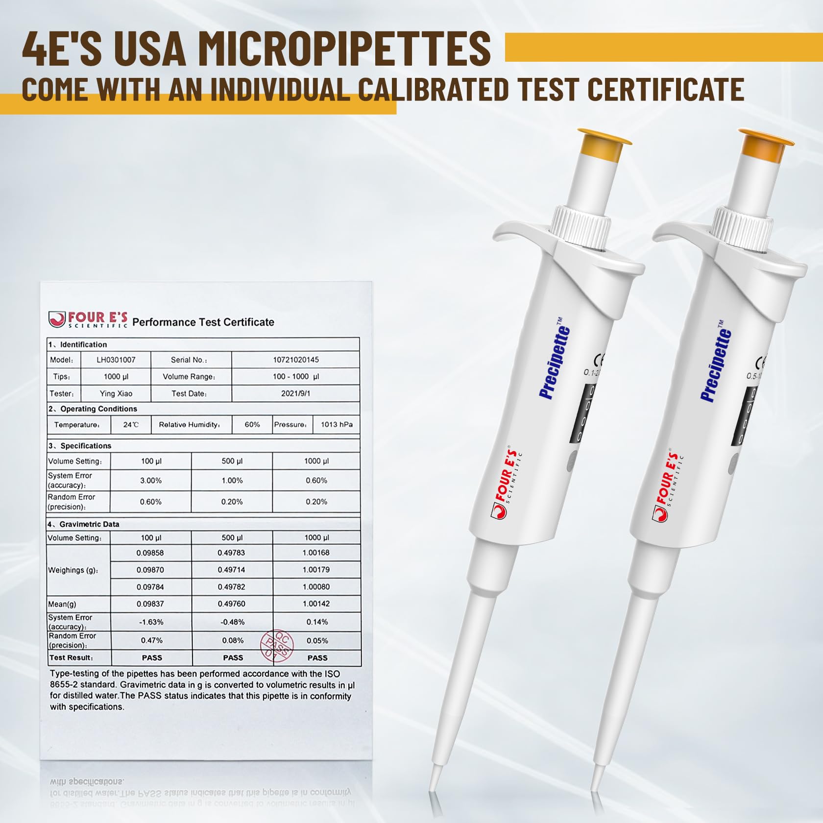 4E's USA Pipette - 0.1-2.0μl Micropipette, Adjustable Volume Pipette with Autoclavable Lower Portion, Universal Tip Cone Single Channel Pipettes, Laboratory ISO 8655 Calibrated Pipettor