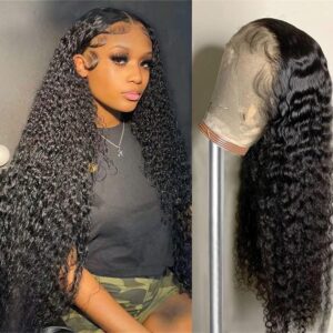 tobasew deep wave lace front wigs human hair 13x4 hd transparent lace frontal human hair wigs for women glueless brazilian virgin hair wet and wavy human hair wigs pre plucked natural black color 20