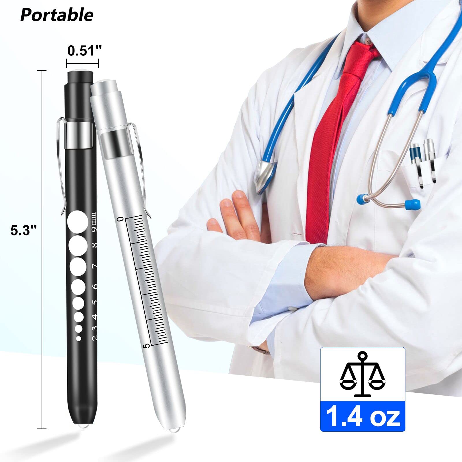 Opoway Nurse Penlight with Pupil Gauge Medical Pen Light for Nurses Doctors with Batteries Included 2ct. Black and Silver