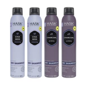 hask dry shampoo sampler set: 2 each chia seed dry shampoo and charcoal dry shampoo 4.3oz cans