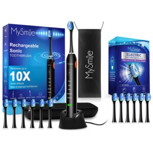 mysmile electric toothbrush for adults, rechargeable sonic electronic toothbrush with 12 brush heads and travel case