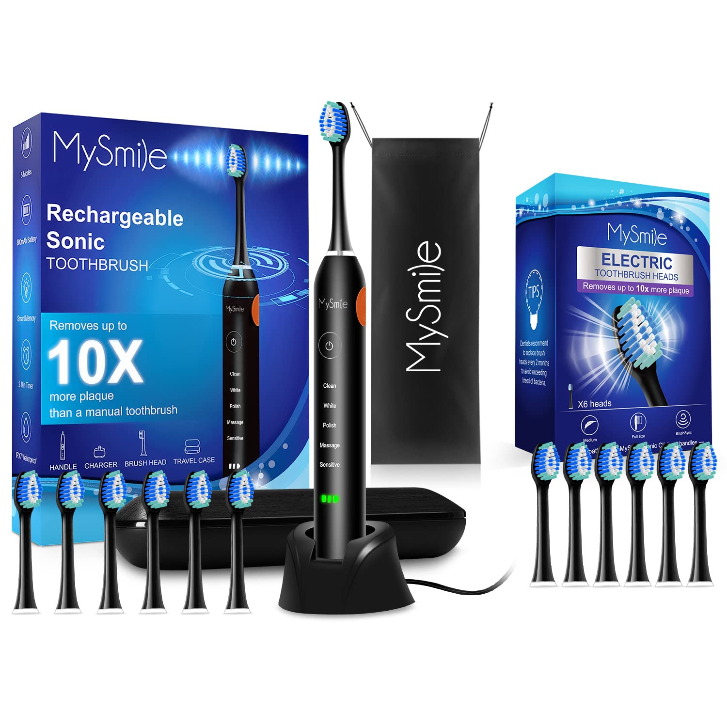 MySmile Electric Toothbrush for Adults, Rechargeable Sonic Electronic Toothbrush with 12 Brush Heads and Travel Case