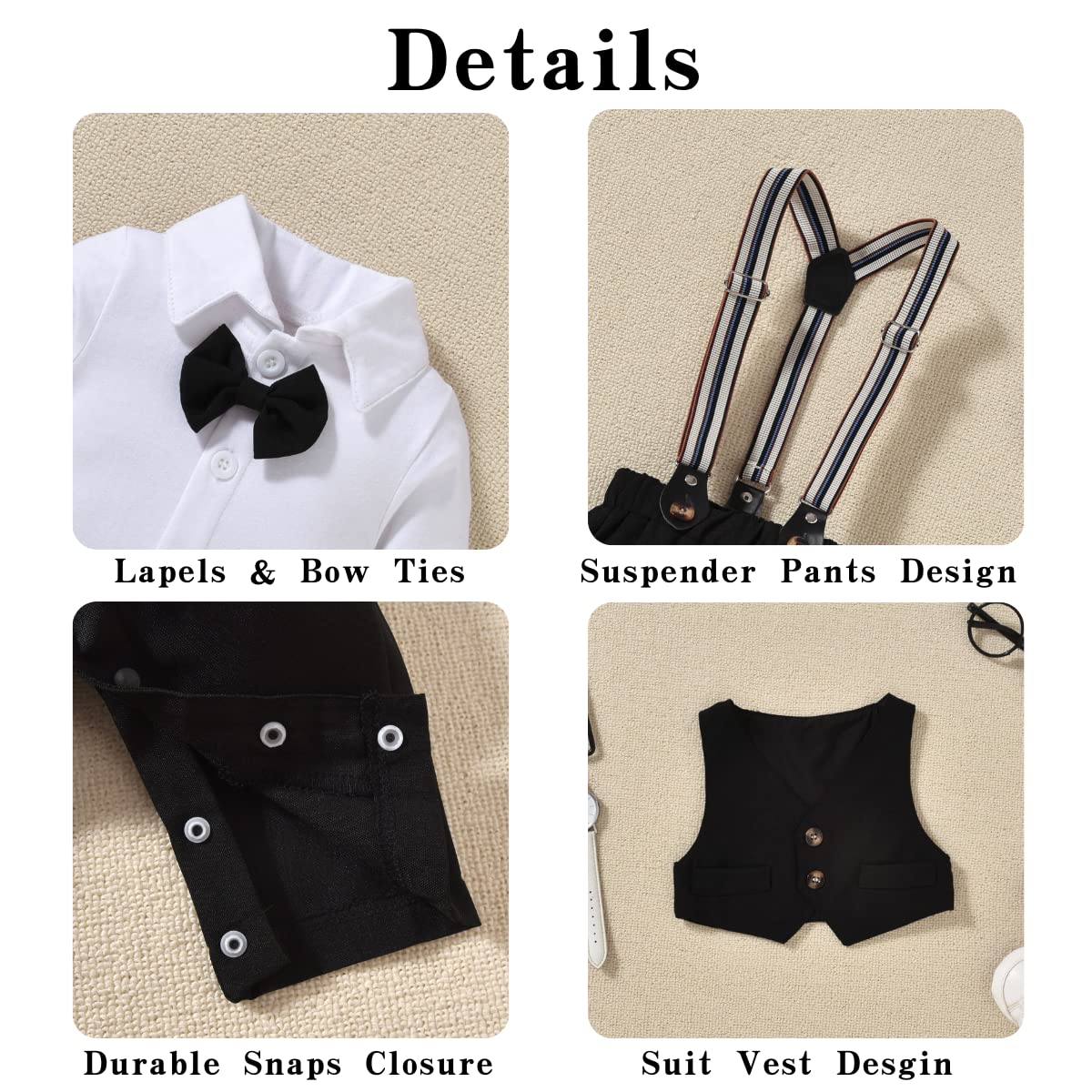 Aalizzwell Baby Boys Gentleman Outfit, Infant Vest Suspender Pants 3 Piece Formal Suit Set 3-6 Months Fall Winter Black