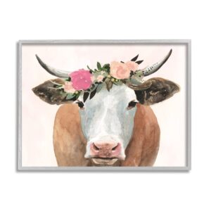 stupell industries springtime flower crown farm cow with horns, design by victoria borges