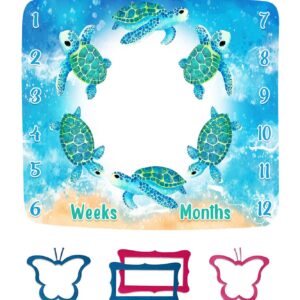 FHZON Turtle Milestone Blanket Blue Sea Life Baby Blanket Beach Newborn Gift with Week Months Swaddling Bag 48x40in BTLSFH127