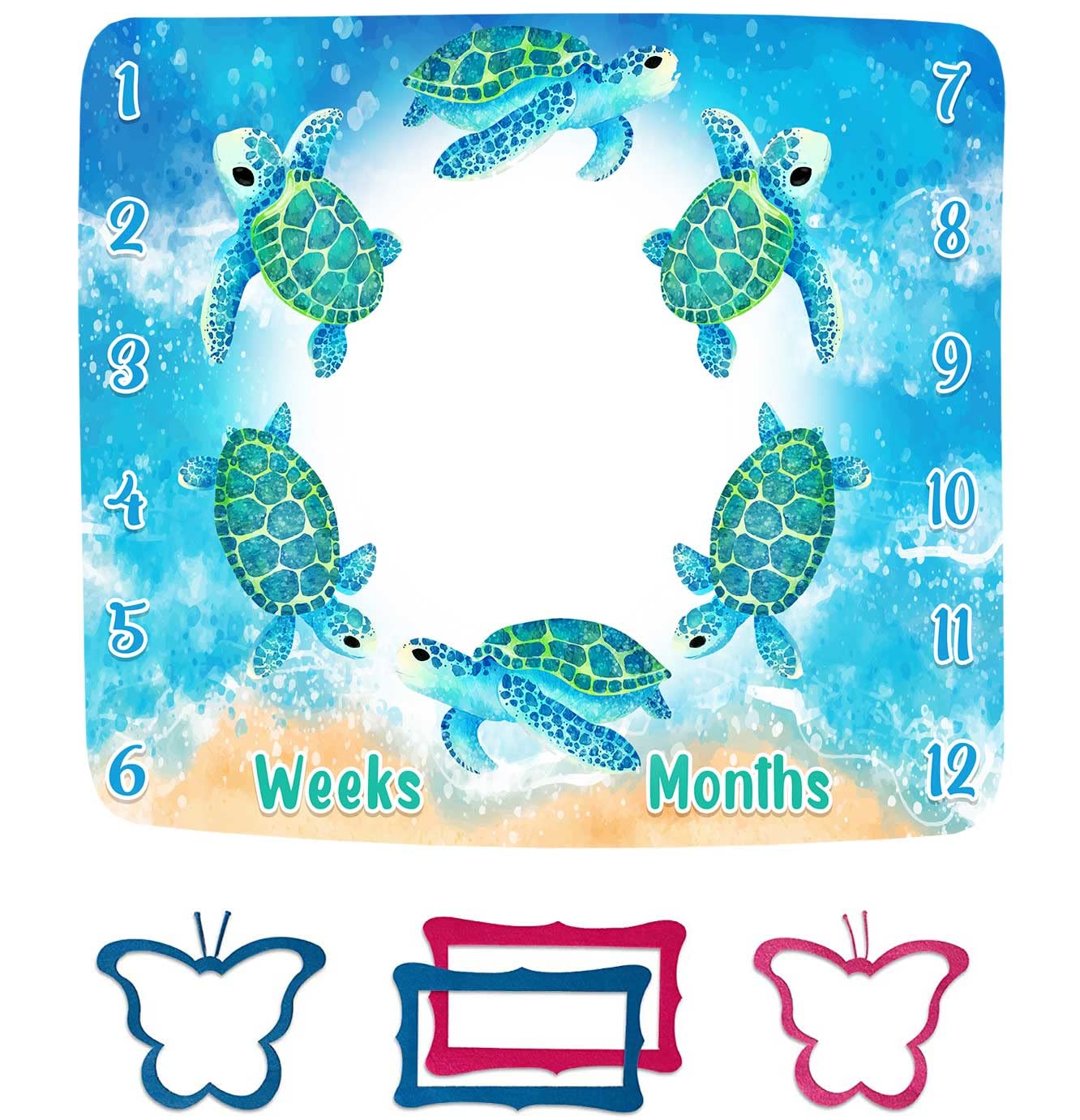 FHZON Turtle Milestone Blanket Blue Sea Life Baby Blanket Beach Newborn Gift with Week Months Swaddling Bag 48x40in BTLSFH127