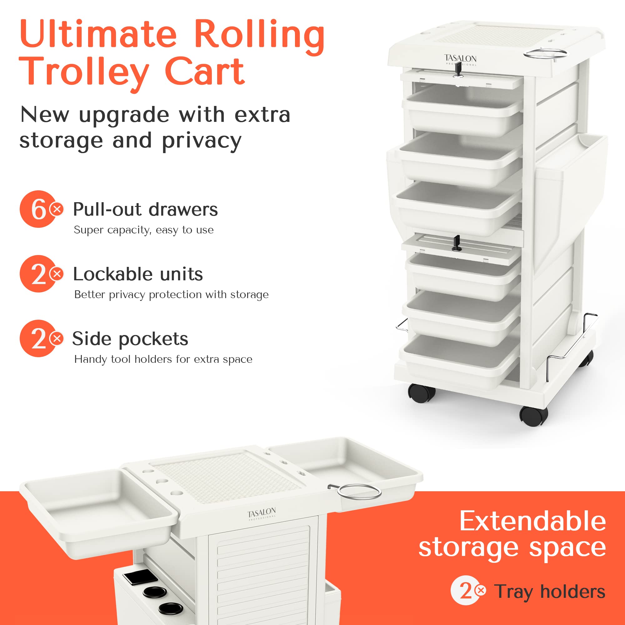 TASALON Ultimate Salon Trolley Cart for Salon Station Space Saving Salon Rolling Cart for Extra Storage Hair Salon Beauty Cart New upgrade Lockable 6 Trays 2 Tray Holders Multipurpose Tool Cart -White