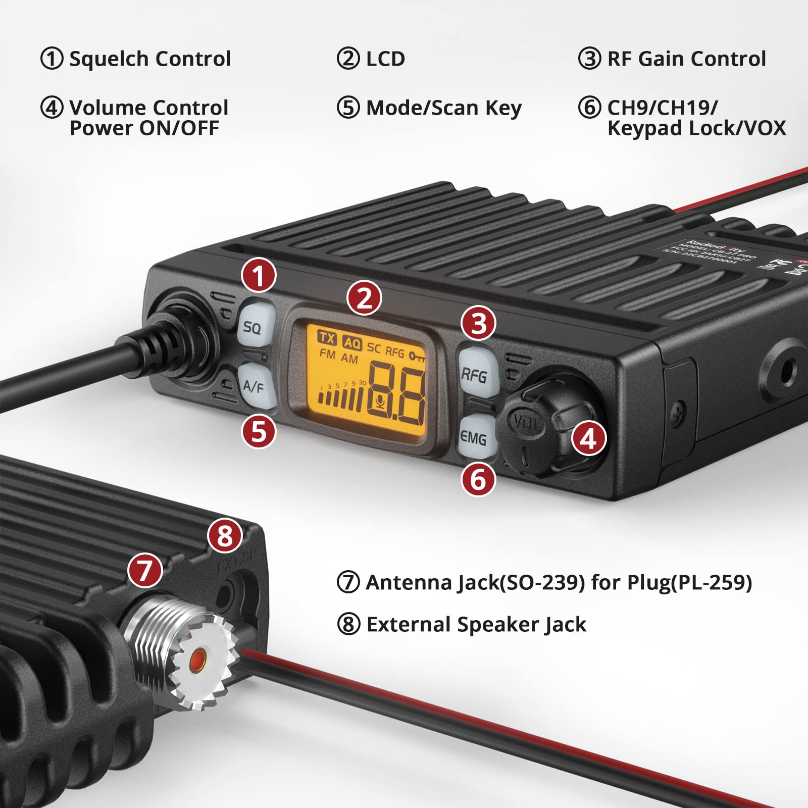 Radioddity CB-27 Pro 40-Channel Mini Mobile CB Radio with AM/FM Instant Emergency Channel 9/19, 4W Power Output, VOX, RF Gain, with 5W Mini Mobile Radio External Speaker