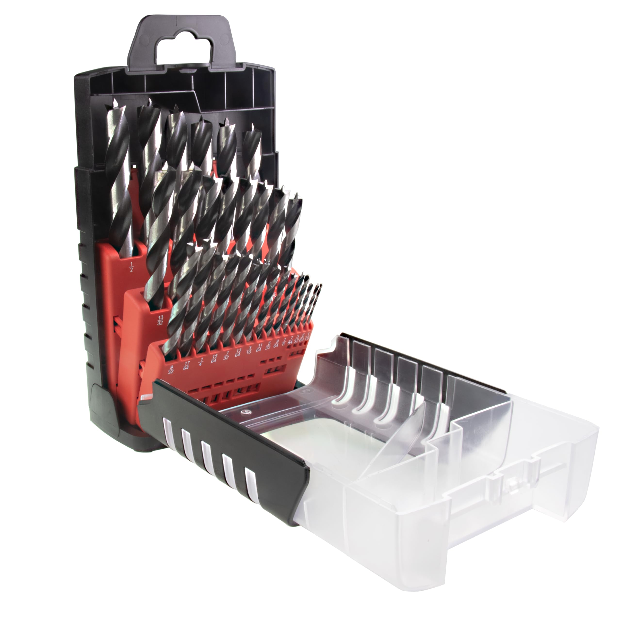 Chrome Vanadium Brad Point Drill Bit Set, 29-Piece Imperial Sizes from 1/16" to 1/2" Inches Within Plastic Storage Case