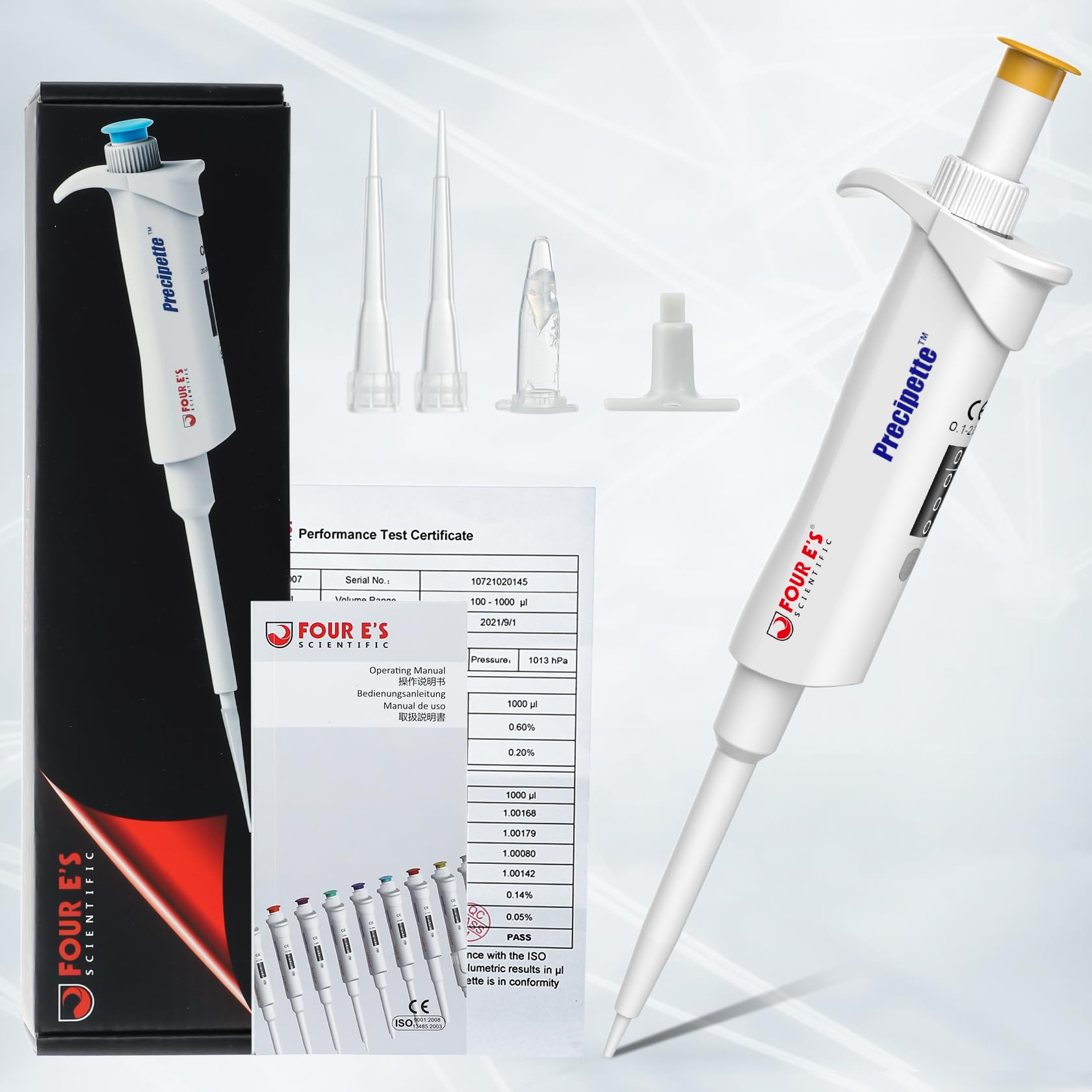 4E's USA Pipette - 0.1-2.0μl Micropipette, Adjustable Volume Pipette with Autoclavable Lower Portion, Universal Tip Cone Single Channel Pipettes, Laboratory ISO 8655 Calibrated Pipettor