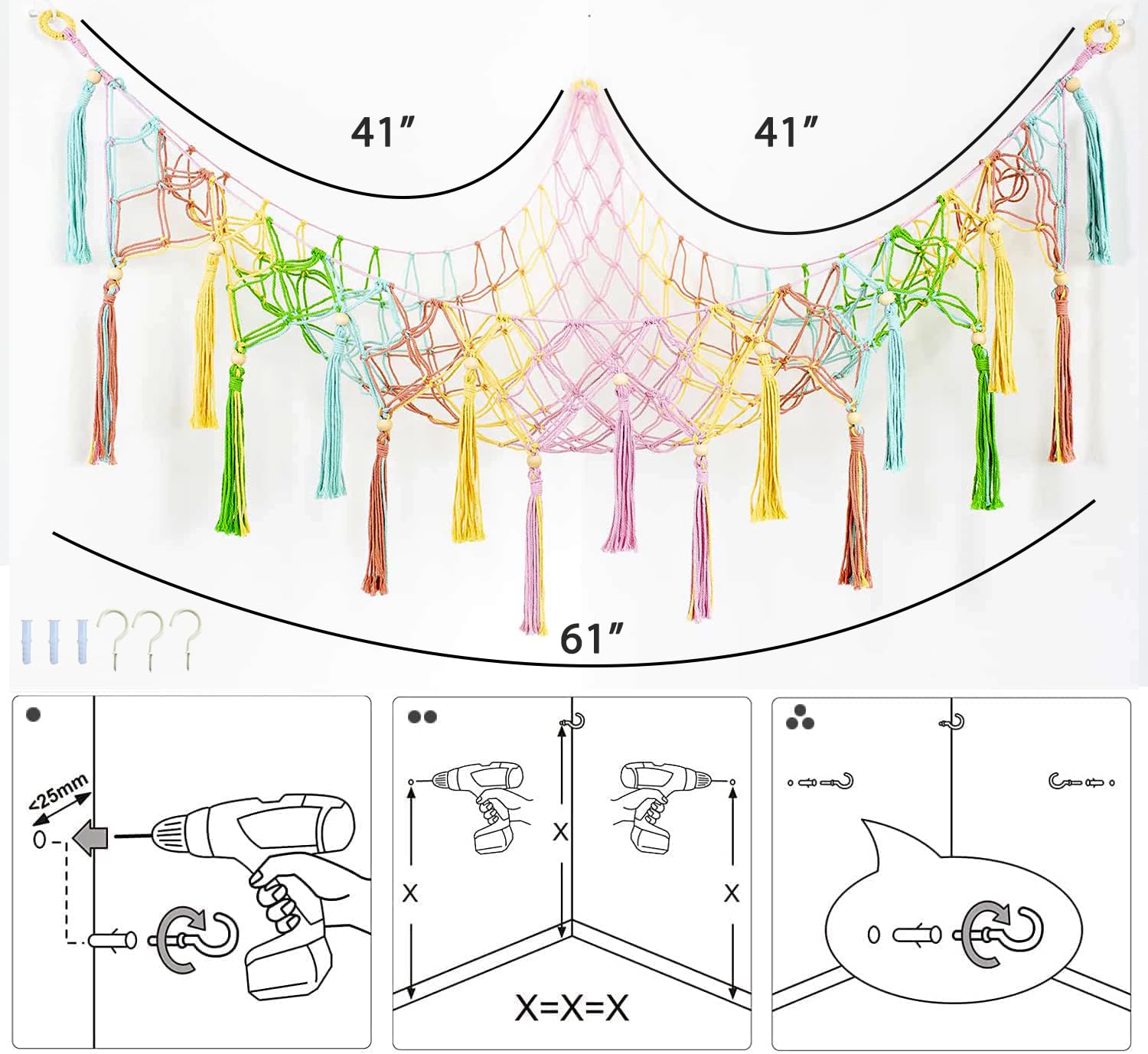 Large Stuffed Animal Net Toy Hammock Corner XL Hanging Net for Plush Toy Holder Boho Macrame Toy Display Stuffed Animal Storage Organizer for Kids Room, Nursery