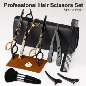 Hair Scissors,11Pcs Professional Black Gold Hair Cutting Scissors Shears Sets,Stainless Steel Barber Scissors Supplies,Straight Shears, Thinning Shears, Multi Use Haircut Sets for Home Salon Barber