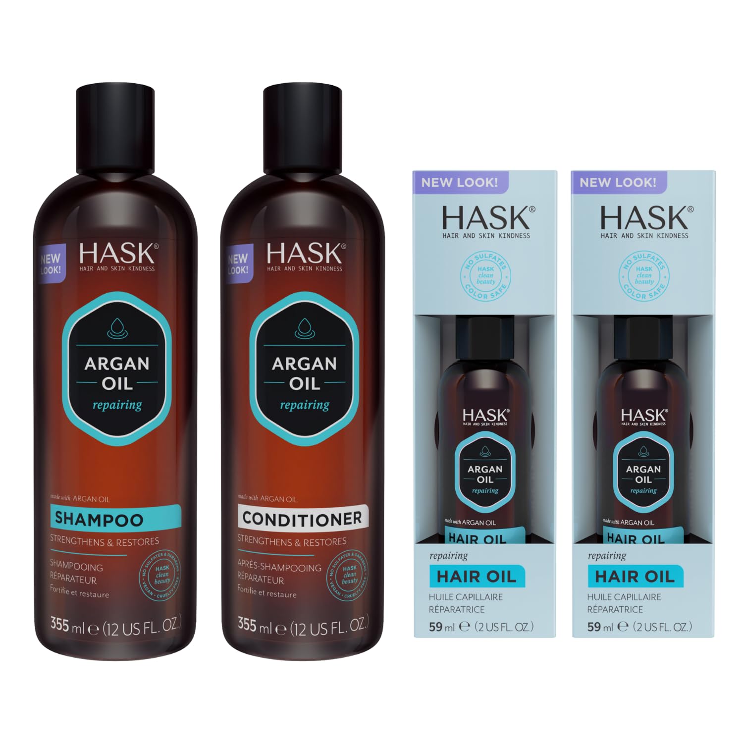 HASK Argan Restoring Set: 2 Argan Shine Hair Oil Vials and 1 Argan Shampoo and Conditioner Set