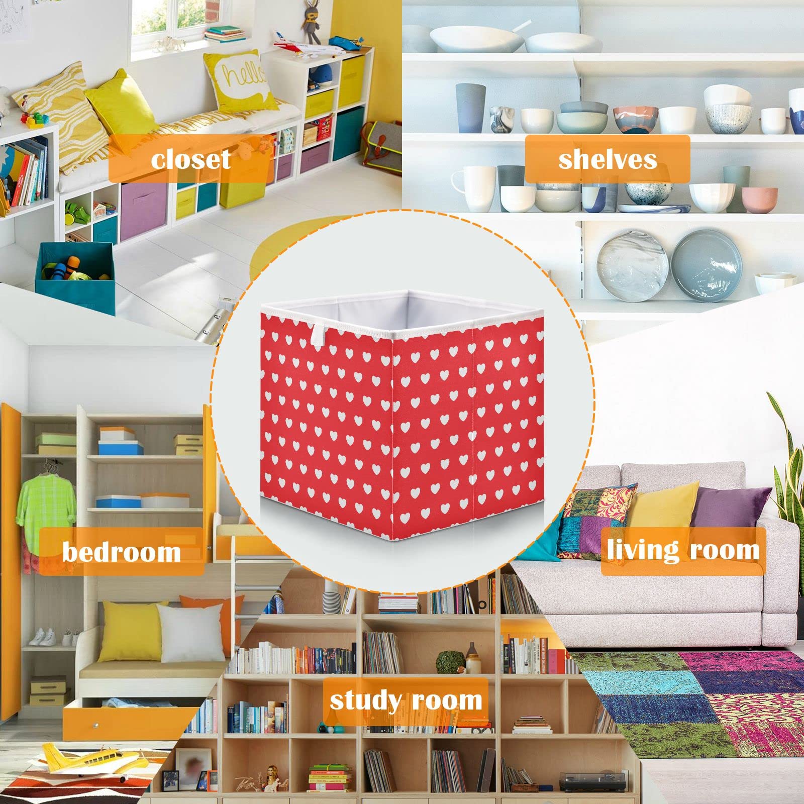 Emelivor Valentines Day Red Hearts Cube Storage Bin Foldable Storage Cubes Waterproof Toy Basket for Cube Organizer Bins for Toys Closet Kids Nursery Boys Girls Clothes Book - 11.02x11.02x11.02 IN