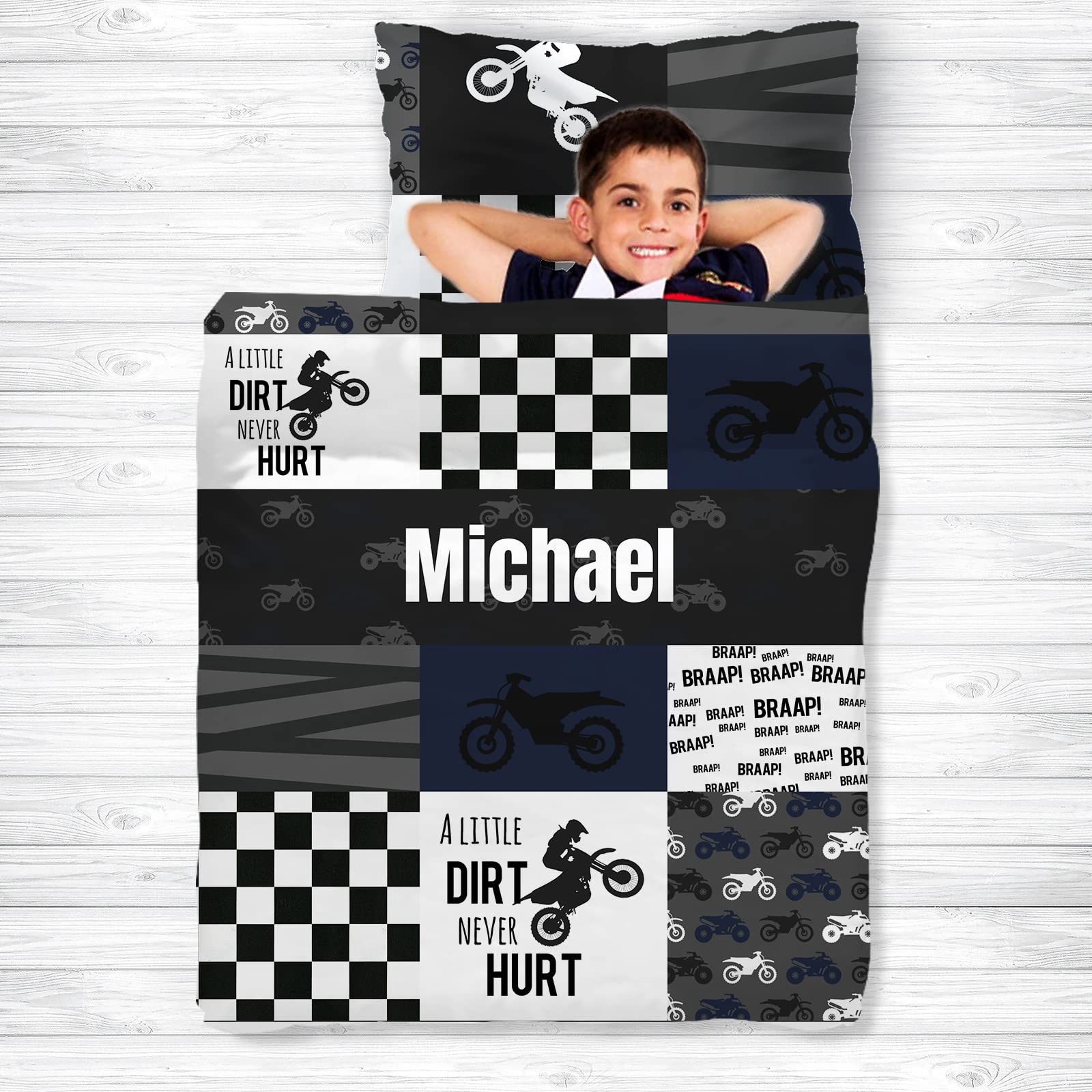 Personalized Dirt Bike Nap Mat Set with Name, Motocross Sleeping Bags for Boys, Customized Toddler Bed Mattress for Kids, Slumber Bags for Preschool, Daycare or Kindergarten, Toddler Sleep Sack