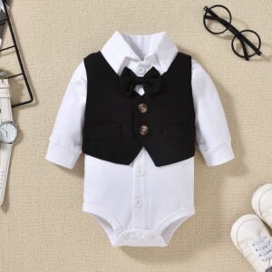 Aalizzwell Baby Boys Gentleman Outfit, Infant Vest Suspender Pants 3 Piece Formal Suit Set 3-6 Months Fall Winter Black