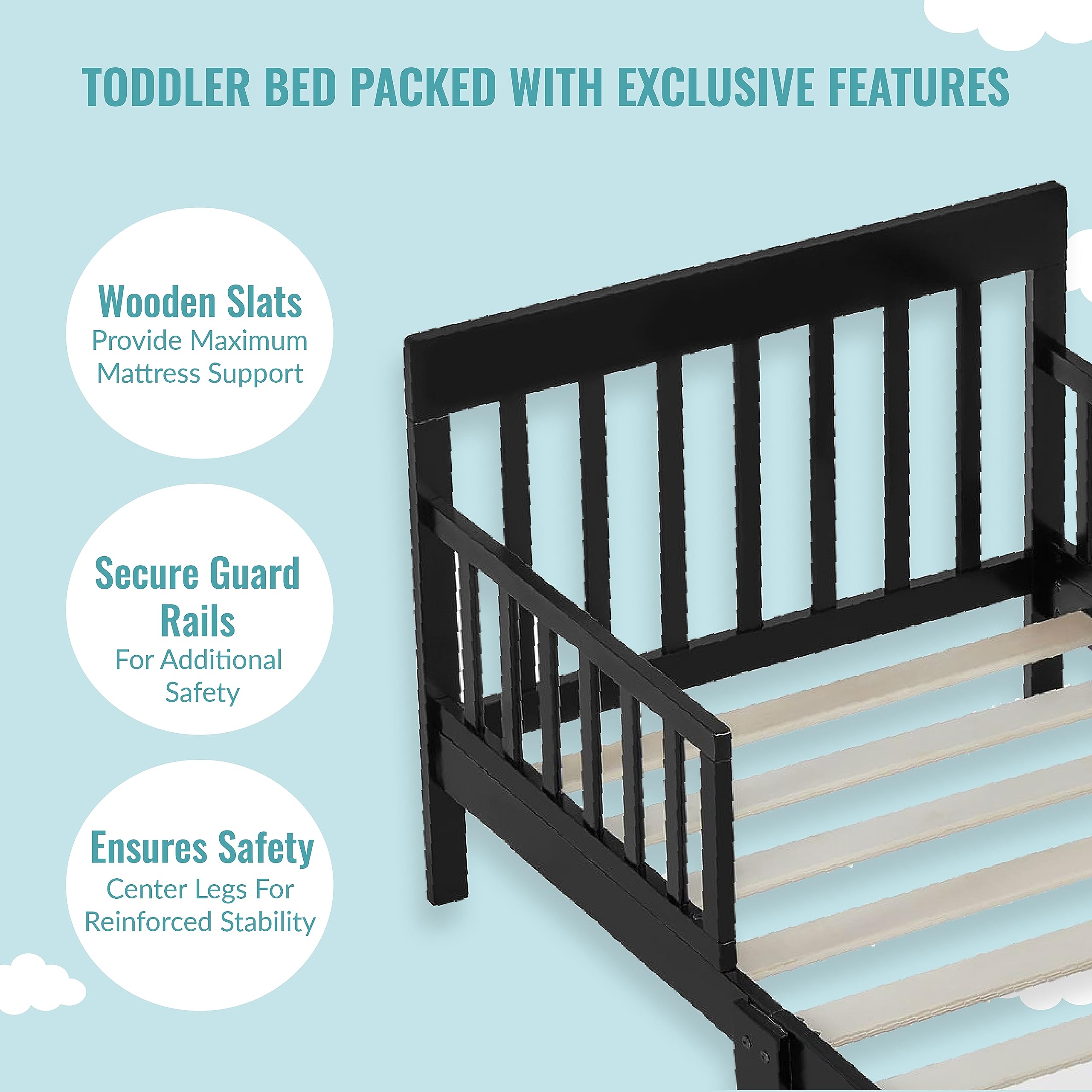 Dream On Me Finn Toddler Bed in Black, Greenguard Gold and JPMA Certified, Non-Toxic Finish, Made of Sustainable New Zealand Pinewood, Wooden Nursery Furniture