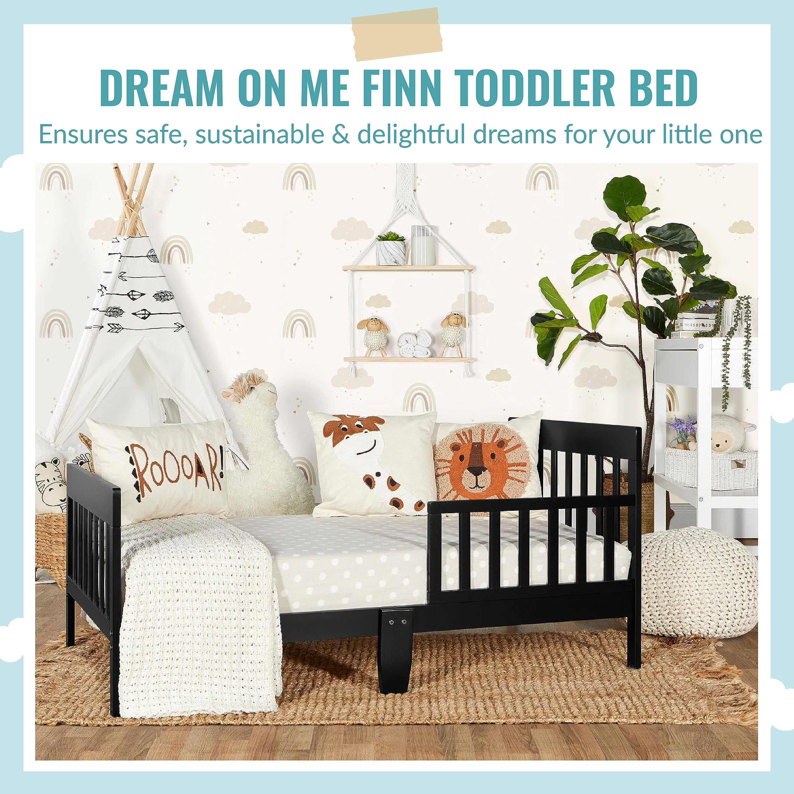 Dream On Me Finn Toddler Bed in Black, Greenguard Gold and JPMA Certified, Non-Toxic Finish, Made of Sustainable New Zealand Pinewood, Wooden Nursery Furniture