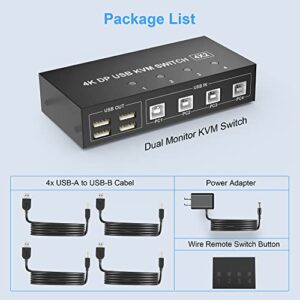 4 Port KVM Switch Dual Monitor Displayport 4K 60Hz, KVM Switch 2 Monitors 4 Computers with 4 USB 2.0 Hub, Dual Monitor Displayport KVM Switch Keyboard Mouse Switcher