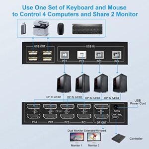 4 Port KVM Switch Dual Monitor Displayport 4K 60Hz, KVM Switch 2 Monitors 4 Computers with 4 USB 2.0 Hub, Dual Monitor Displayport KVM Switch Keyboard Mouse Switcher