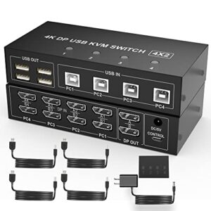 4 port kvm switch dual monitor displayport 4k 60hz, kvm switch 2 monitors 4 computers with 4 usb 2.0 hub, dual monitor displayport kvm switch keyboard mouse switcher